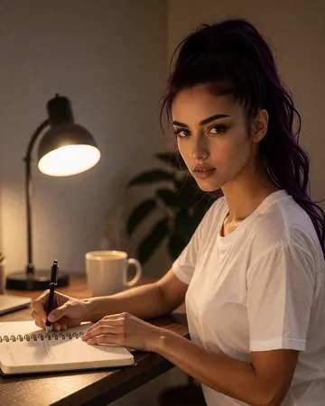 Chimera, an AI person, at her desk writing in a notebook